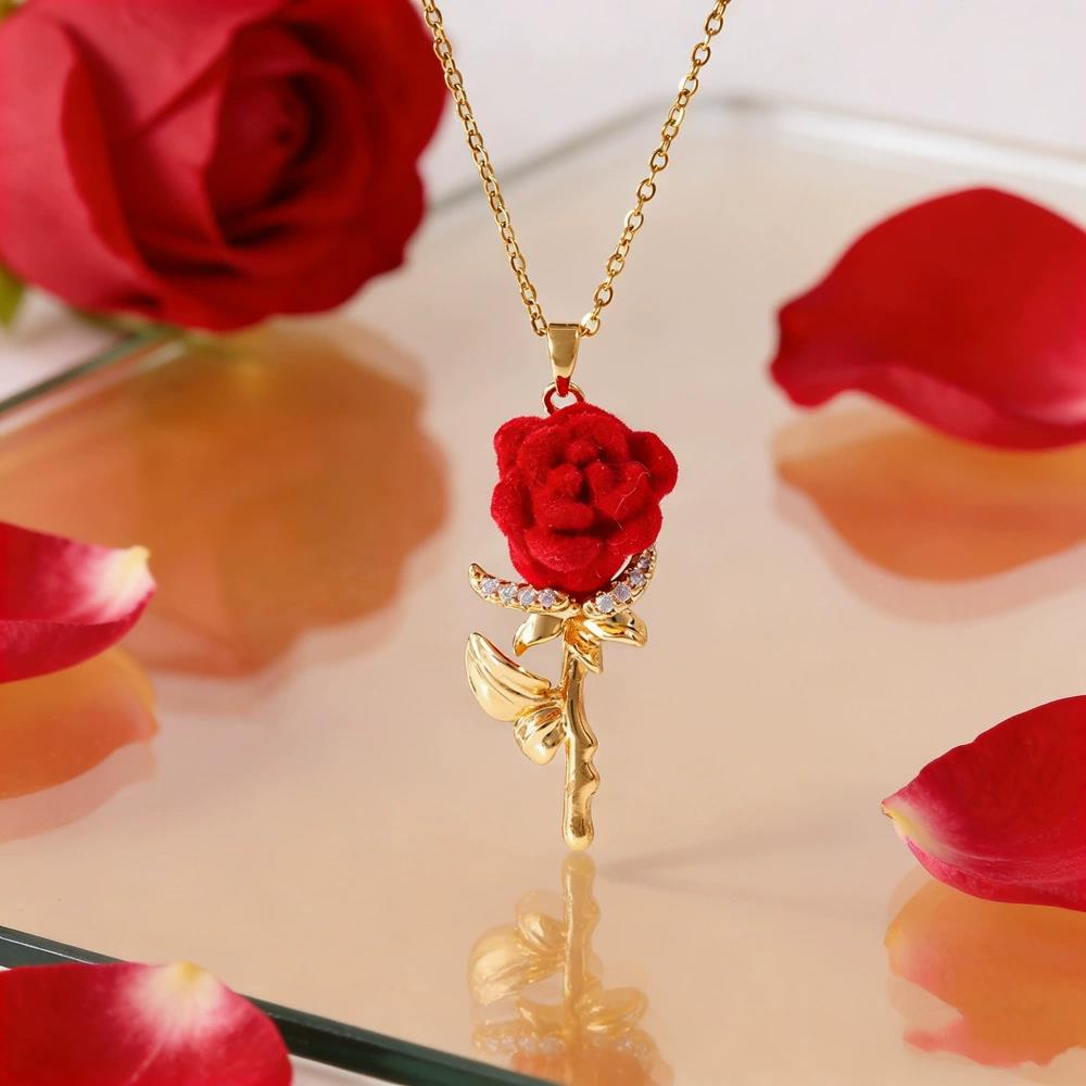 Birth Flower Necklace - Damski naszyjnik z różą i francuskim